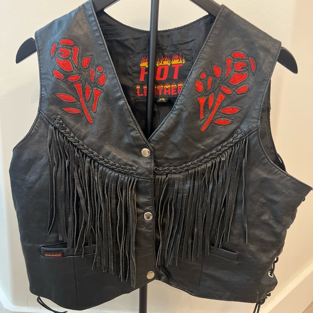 Women’s Black Leather Biker Vest with Red Embroidery and Fringe